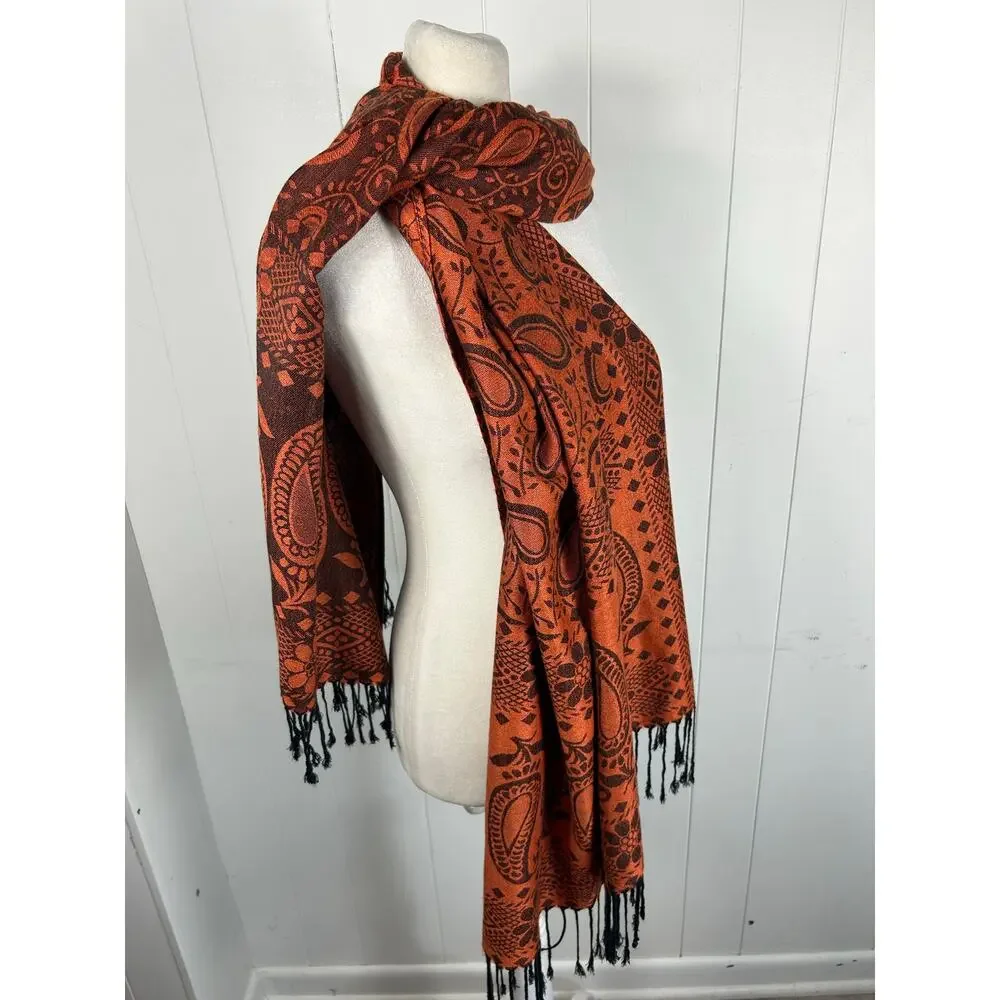 100% Cashmere Paisley Scarf with Fringe in Rust Orange and Brown. 30